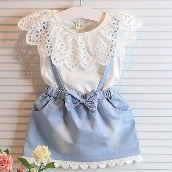 👧🏼🆕Blue🎀front suspenders dress& top eyelet - Picture 2 of 8